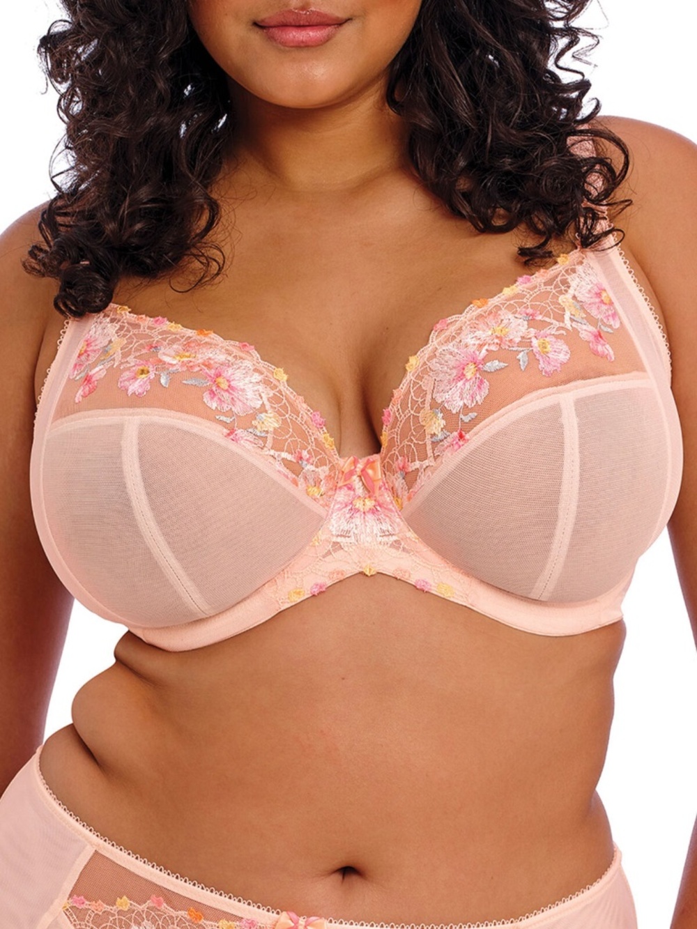 NEW Elomi Himari Embroidered Mesh Plunge Underwire Bra 302102 Peach Whisper PEP